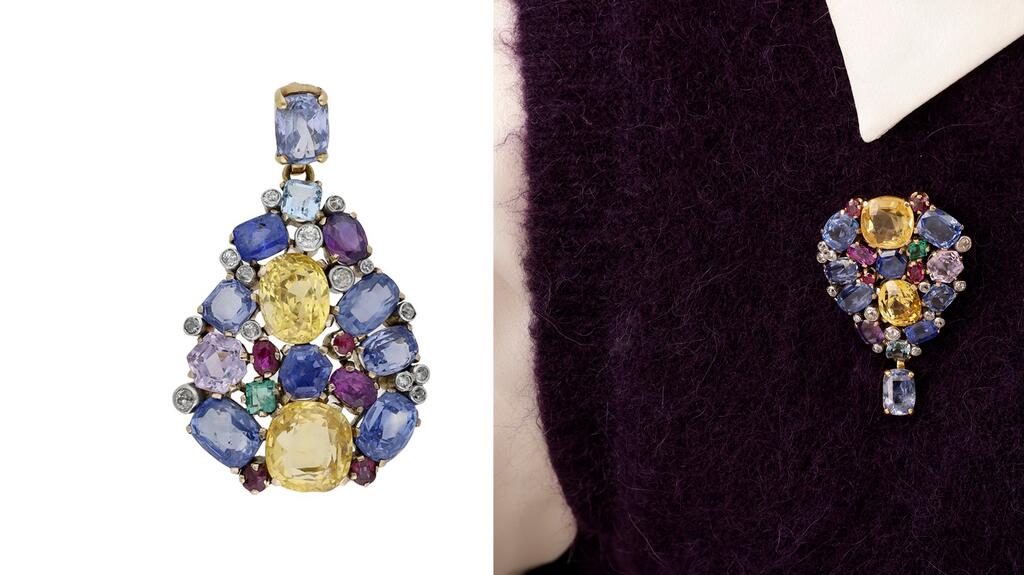 Diamond and gemstone brooch pendant