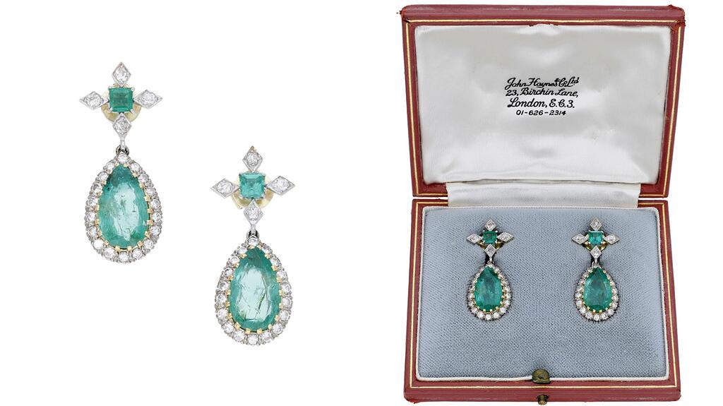 Colombian emerald and diamond earrings with a jewelry case