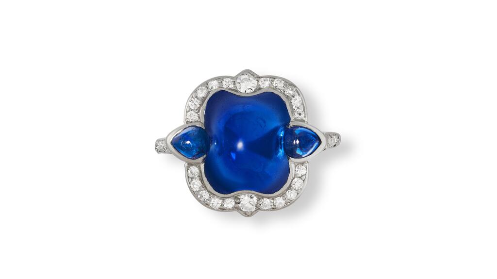 An Art Deco ring featuring diamonds and a 7.12-carat Kashmir sapphire, sold for £248,050 ($301,554). Art Deco sapphire and diamond platinum ring