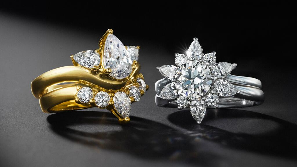“Storied Diamond Desert Sands of Eternity” engagement rings and wedding bands