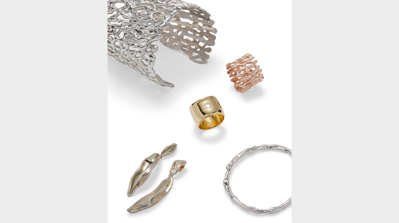 Sabre Jewelry veers toward the organic, capturing shapes found in nature in gold with diamonds.