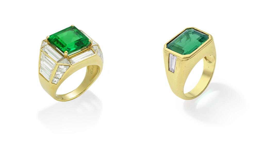 Left, the Garrard emerald and diamond ring that sold for £203,600 ($247,516) and, right, another emerald and diamond ring, which sold for £70,250 ($85,402) diamond and emerald rings