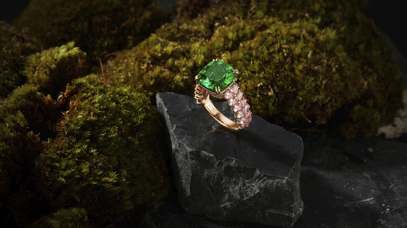 A 5.30-carat no-oil cushion-cut emerald is the focal point of the “Iris” ring, adorned with 2.25 carats of intense pink diamonds in 18-karat rose gold.