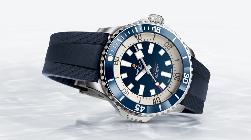 The Breitling SuperOcean Automatic 46 has a stainless steel case, black or blue dial, and black or blue rubber strap with folding clasp or stainless steel bracelet with folding clasp.