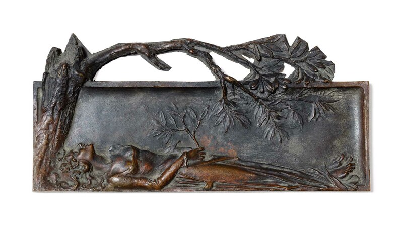The Ophelia plaque shows the protagonist of Shakespeare’s “Hamlet” laying under a willow branch, evoking her tragic death by drowning (€4,000-€8,000, or $5,000-$9,000).