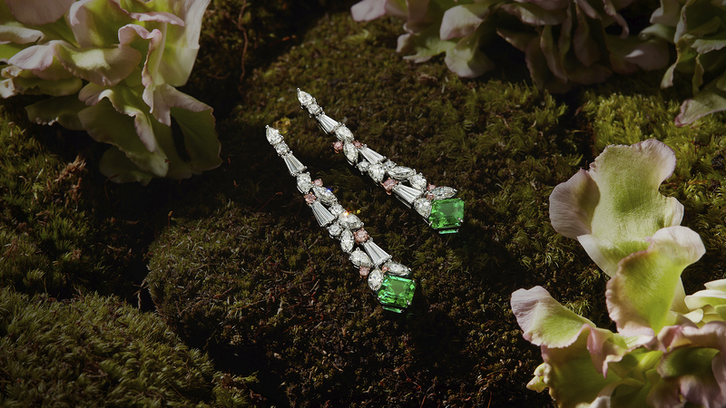 No-oil octagonal step-cut emeralds weighing 1.5 and 1.25 carats are the centerpieces of the “Ivy” earrings, which also feature nearly 4 carats of white diamonds and 0.32 carats of pink diamonds, all in white gold.