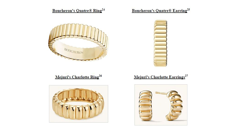 A side-by-side comparison of Mejuri’s “Charlotte” ring and earrings and Boucheron’s “Quatre” ring and earrings