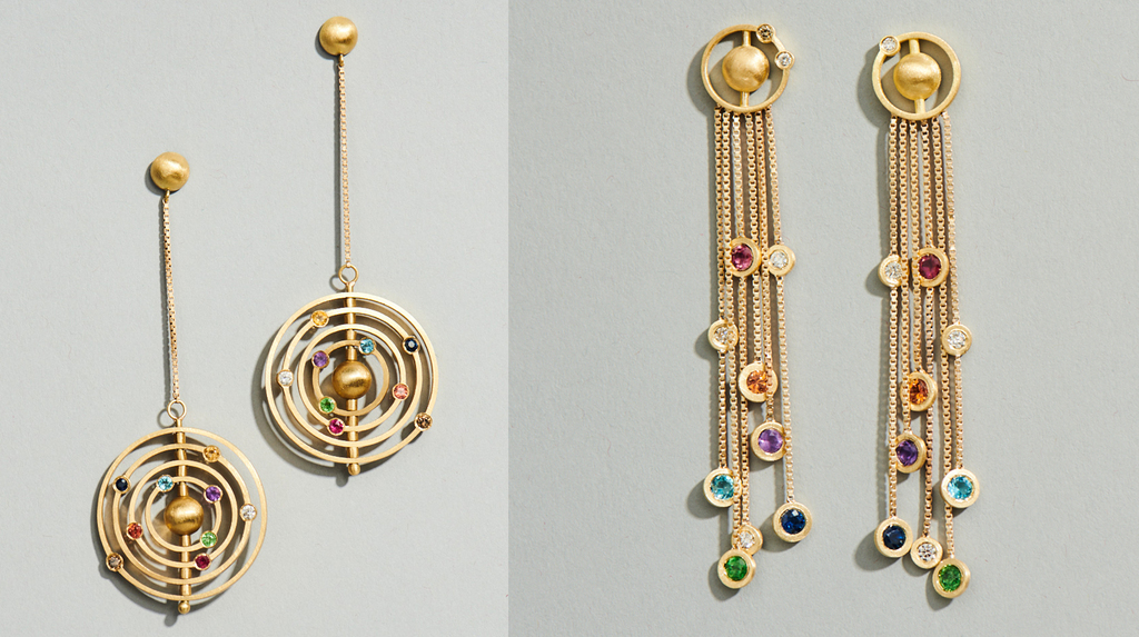 Planets in orbit and the unknown mysteries of the galaxy inspire these moveable designs from emerging Greek fine jewelry brand Pari by Pari Sofianou.
