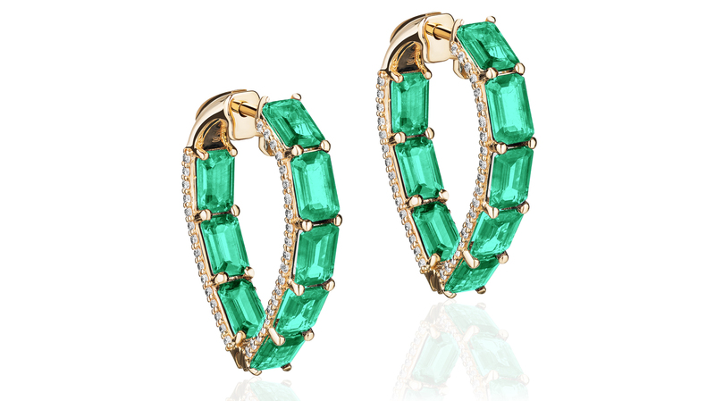 Goshwara emerald hoops with diamonds in 18-karat yellow gold from the “G-One” collection (Price Upon Request)