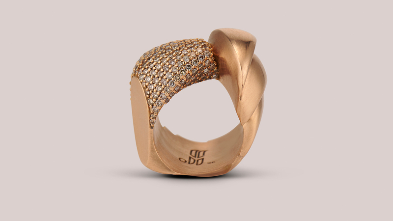 The 18-karat rose gold ring is set with champagne diamonds and retails for $24,000.