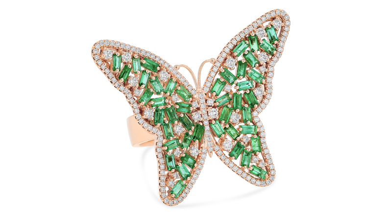 Suzanne Kalan 18-karat rose gold “Bold Fireworks Collection” emerald large butterfly ring ($12,000)