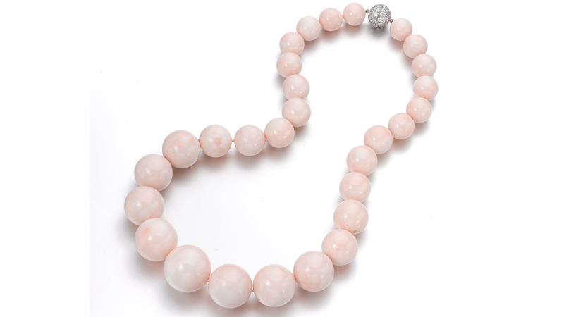 Assael’s Beyond Rare Angel Skin coral necklace featuring beads of approximately 16 mm to 30 mm in size, with a platinum clasp and 6.39 carats of diamonds (price available upon request)