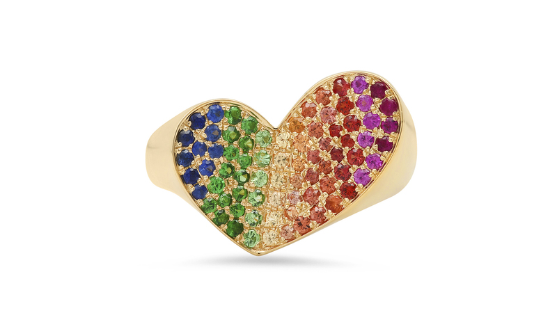 <a href="https://www.colettejewelry.com" target="_blank"> Colette</a> 18-karat yellow gold “Penacho” heart ring with multicolor sapphires ($3,320)