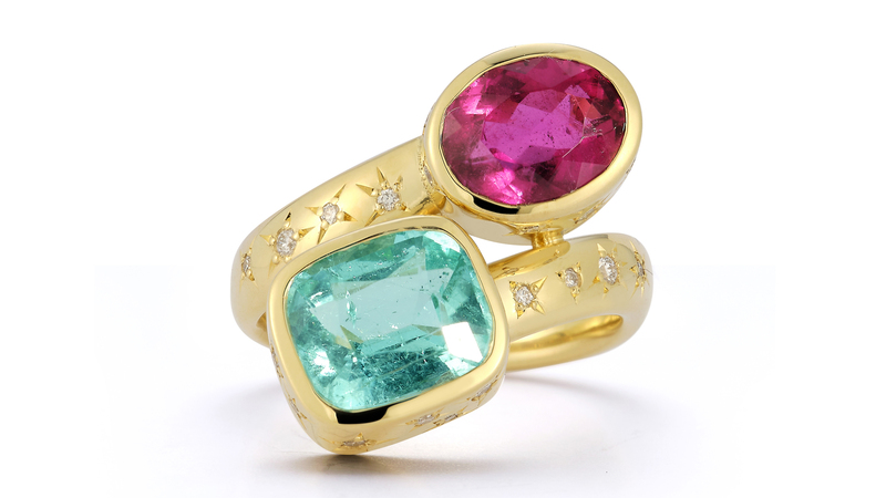Bypass ring in 18-karat gold with rubellite and blue tourmaline weighing a combined 5.6 carats, and diamonds ($9,870)