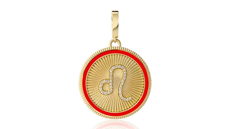 Savolinna “Leo” zodiac coin necklace in 18-karat yellow gold with brilliant cut diamonds and enamel