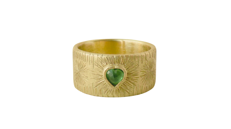 Shakti Ellenwood “Esma” emerald heart ring set in 18-karat yellow Fairtrade gold (£2,598 or approximately $3,612)