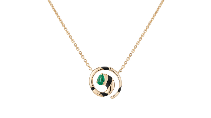<a href="https://halleh.com/collections/echo/products/18k-mini-eternal-coil-necklace" target="_blank"> Halleh</a> mini eternity emerald coil necklace with black enamel set in 18-karat yellow gold ($2,950)