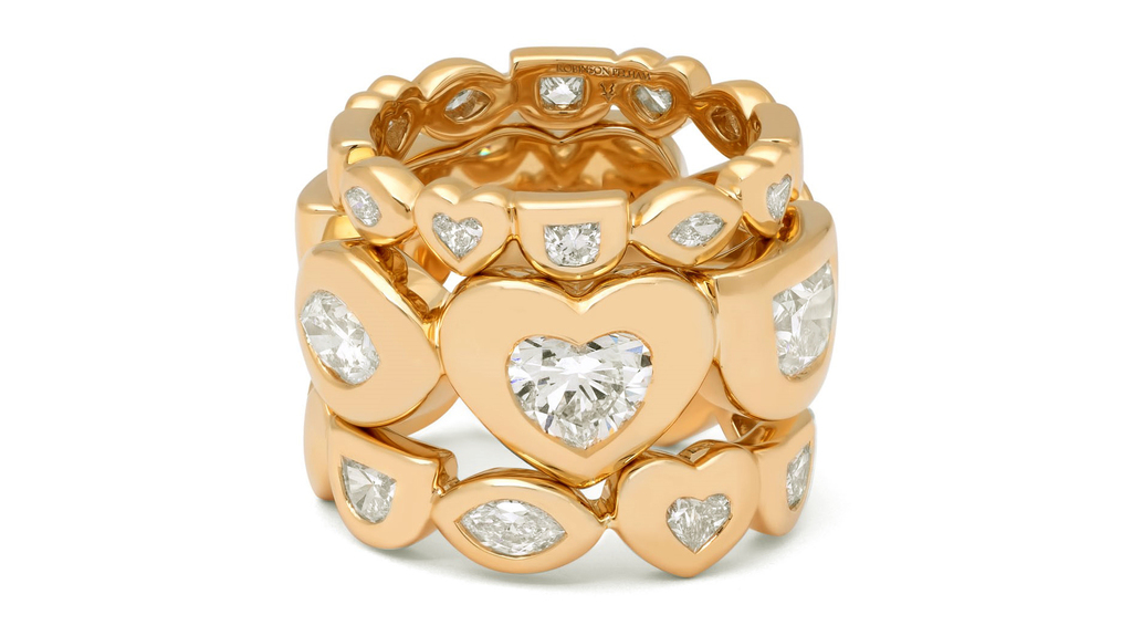 From top: Robinson Pelham mini 18-karat yellow gold ring with 0.7 carats of diamonds ($7,900); medium 18-karat yellow gold ring with 2 carats of diamonds ($29,500); and small ring in 18-karat yellow gold with 1.45 carats of diamonds ($13,400)