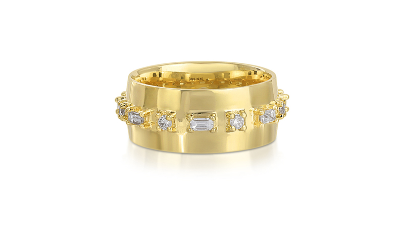 “Wide Prong Set Diamond Band” in 14-karat yellow gold with emerald- and round-shaped diamonds totaling 0.85 carats ($2,800)