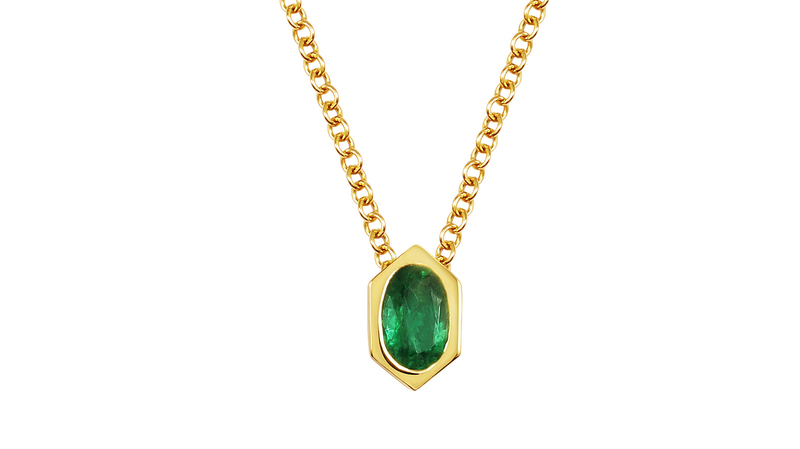 <a href="https://www.rachelboston.co.uk/products/emerald-hexagon-necklace" target="_blank"> Rachel Boston</a> 9-carat yellow gold oval emerald hexagon necklace ($866)