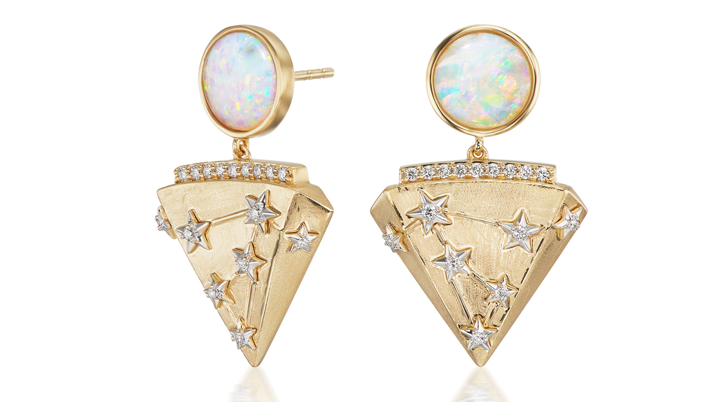 Sorellina “Empress Earrings” in 18-karat gold with opal and diamonds ($4,100)
