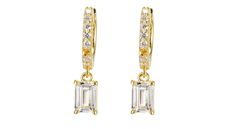 A pair of earrings featuring 18-karat yellow gold plated over sterling silver and baguette-cut white crystals ($72), from the in-house brand, Demifine by Rocksbox
