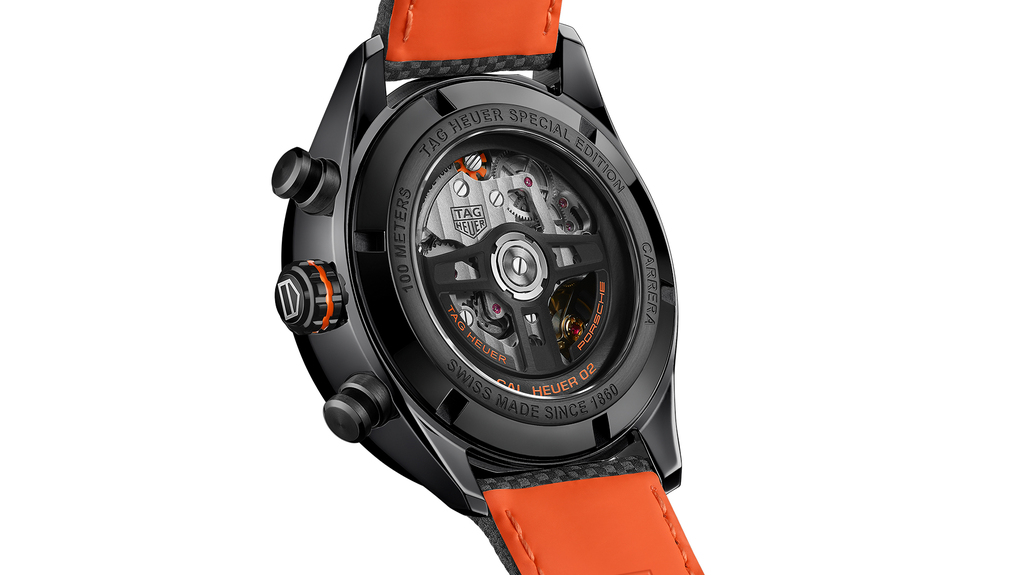 A look at the back of the new TAG Heuer Carrera Chronograph x Porsche Orange Racing watch