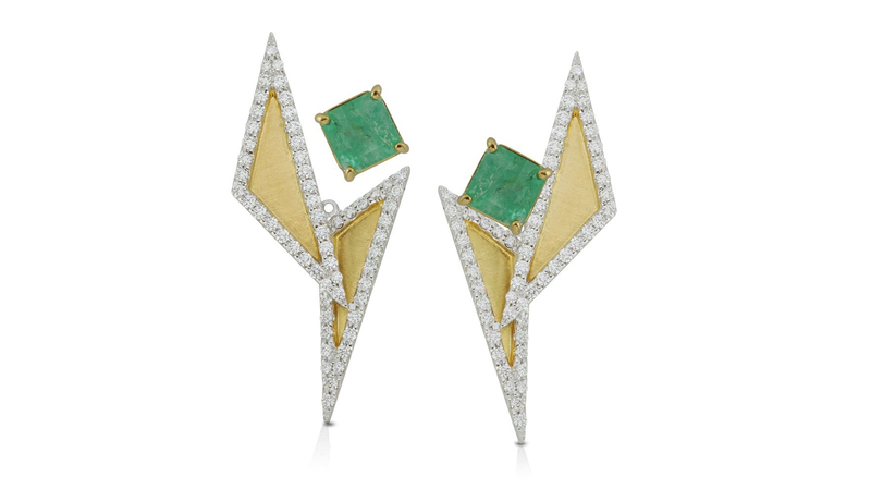 Kavant & Sharart “GeoArt Due TT” brushed ear jacket earrings with emeralds and diamonds set in 18-karat yellow gold ($9,240)