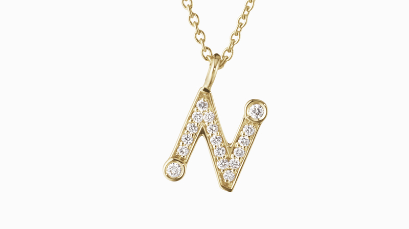 The letter pendants, also in 18-karat gold with diamonds, are far simpler and smaller than the rings, with lesser price points accordingly. They sell for $1,540.