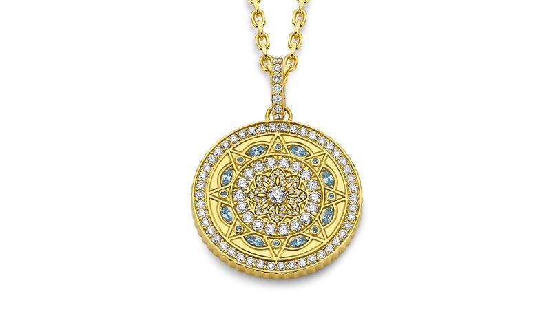 Buddha Mama “Mandala” pendant in 20-karat yellow gold with blue topaz and diamonds