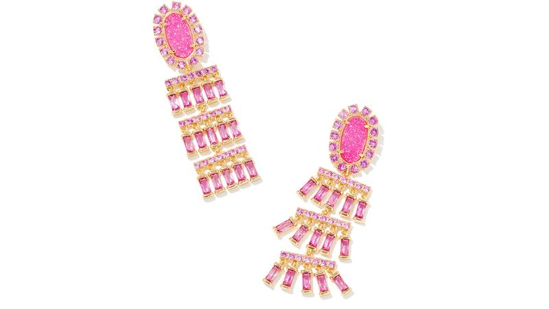 These bold geometric statement earrings ($198) feature hot pink druzy stones.