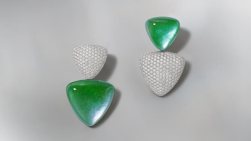 A pair of “Freccia” earrings using green jade, mother-of-pearl, rock crystal, diamonds, and white gold. The drops can detach from the piece, turning them into studs. Vhernier Freccia High Jewelry Earrings