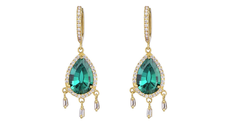 Dima Jewellery small hoop earrings with emerald drops and diamonds ($2,250)