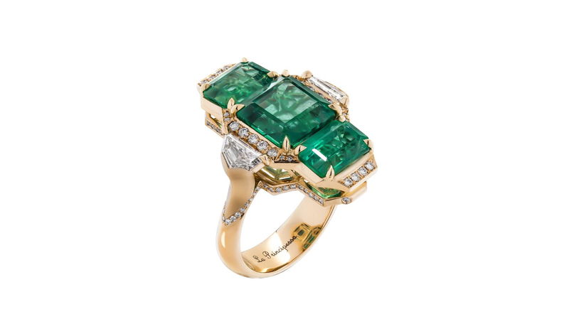 <a href="https://julielambny.com/" target="_blank"> Julie Lamb</a> “La Principessa” emerald and diamond three-stone ring (price upon request)