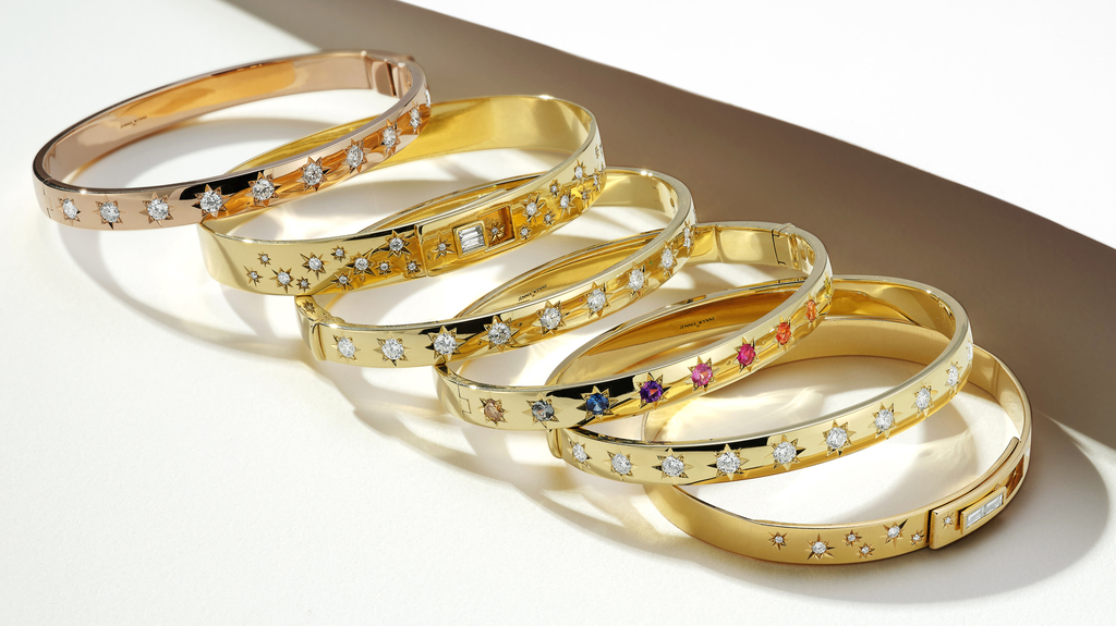 A selection of Jemma Wynne 15th anniversary bangles are combined with bangle styles introduced for the company’s 10th anniversary. Crafted in 18-karat gold and featuring diamonds and colored gemstones, they retail from $7,980 to $16,800.