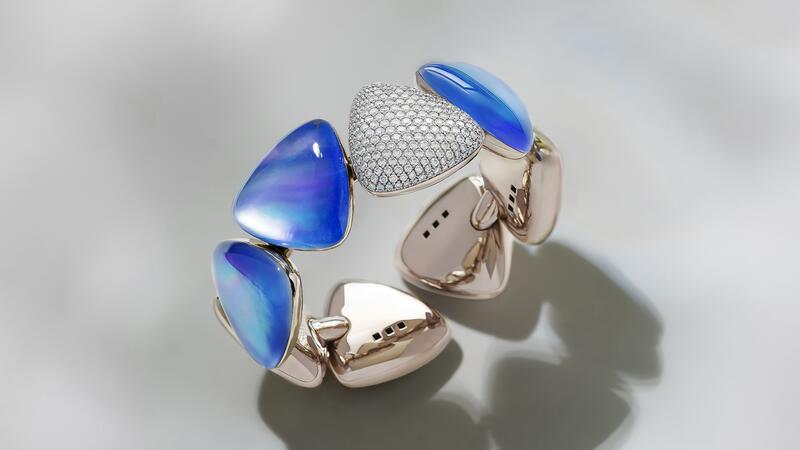 The “Freccia” bracelet showcasing lapis, mother-of-pearl, rock crystal, diamonds, and white gold Vhernier Freccia High Jewelry Bracelet