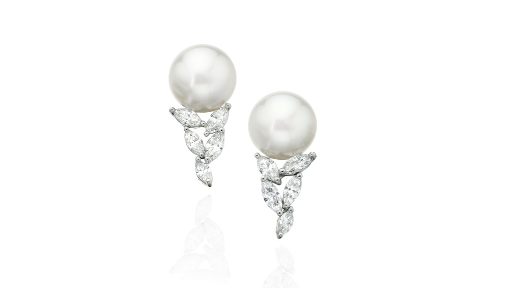 What’s trending in terms of wedding-day jewelry? Panelists on a recent National Jeweler webinar on engagement ring trends said diamonds and pearls. Assael’s “La Feuille” earrings ($11,900) with South Sea cultured pearls and 1.22 carats of marquise-cut diamonds have both.