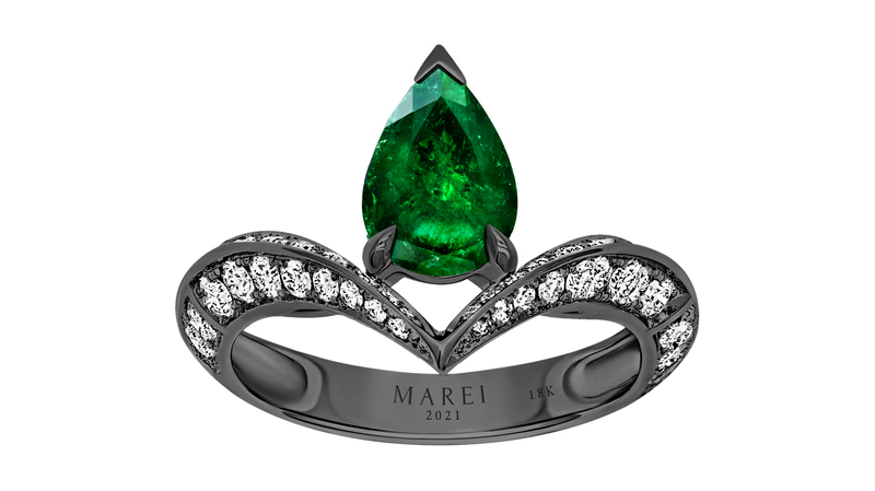 <a href="https://www.mareinewyork.com/products/dorian-floating-pear-shaped-emerald-engagement-ring-in-platinum?_pos=1&_sid=e17f5ab4c&_ss=r" target="_blank"> Marei New York</a> “Dorian” floating pear-shaped emerald ring with white diamonds set in 18-karat blackened gold (price upon request)