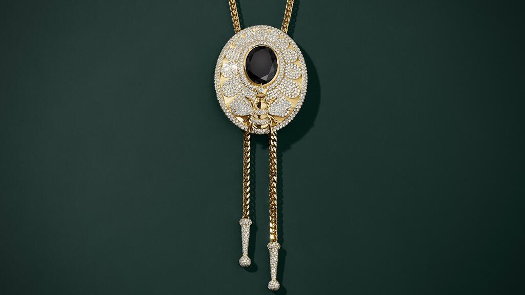 At the center of the pendant is a 14.46-carat black diamond. Beyoncé bolo tie necklace