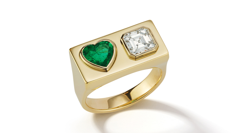 <a href="https://www.jemmawynne.com/" target="_blank"> Jemma Wynne</a> 18-karat yellow gold “Duo Signet” with an emerald heart and Asscher-cut diamond (price upon request)