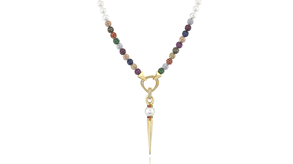 Rosa Van Parys “Snow White 4.0 Mini Me” Akoya pearl pendant and necklace in 18-karat gold with tsavorites, rubies, pink and blue sapphires, and white and brown diamonds ($20,800)