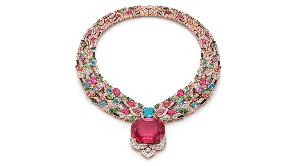 The “Celestial Mosaic” necklace showcases a 131.21-carat spinel from Tajikistan. Bulgari Celestial Mosaic Necklace
