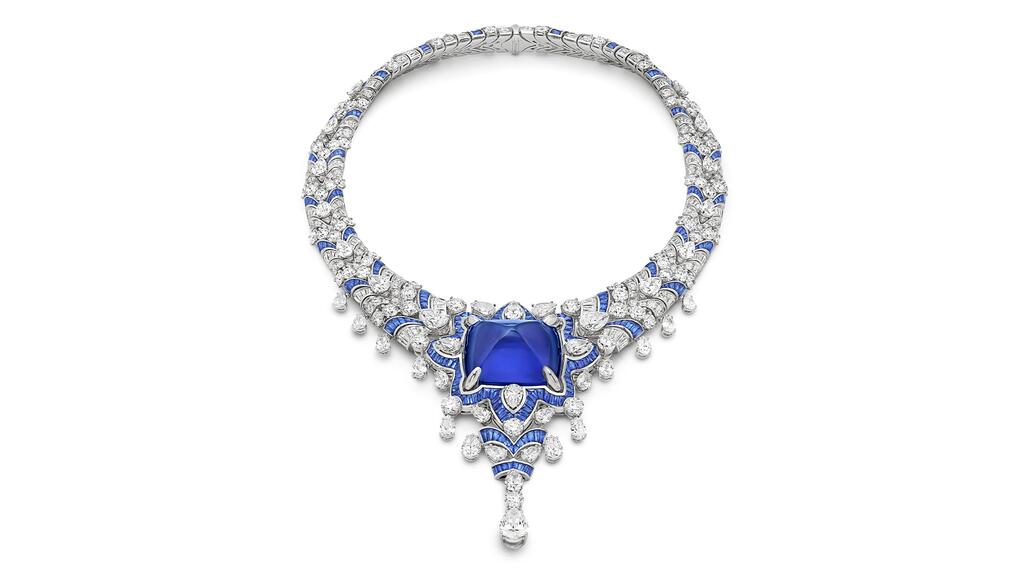 The “Cosmic Vault” necklace features a 123.35-carat Sri Lankan sugarloaf sapphire in a deep and intense royal blue tone. Bulgari Cosmic Vault Necklace