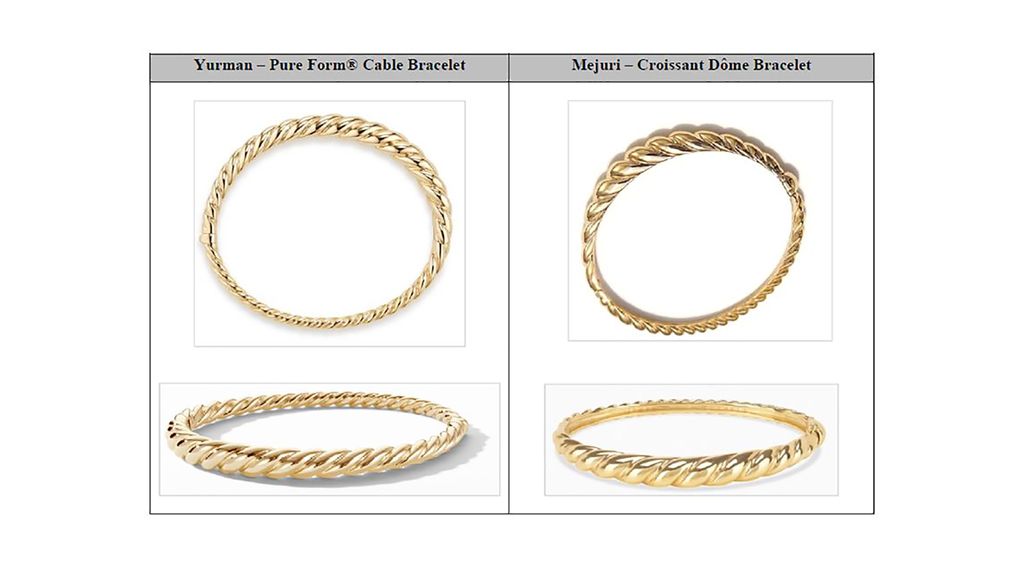 A side-by-side comparison of David Yurman’s “Pure Form” cable bracelet and Mejuri’s “Crôissant Dome” bracelet
