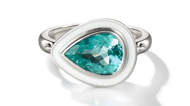 <a href="https://shop.melissakayejewelry.com/" target="_blank">Melissa Kaye</a> 18-karat white gold one-of-a-kind Lenox ring with Paraiba tourmaline and white enamel ($28,550)