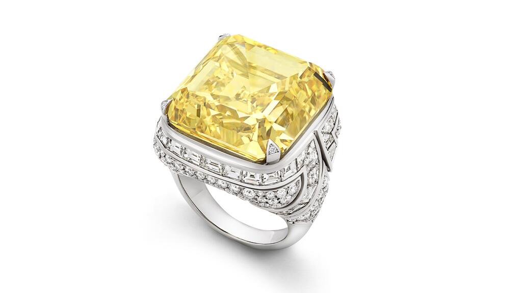 The “Essence of Yellow” ring is modeled after a design created by Leonilde Bulgari in 1928, now with a more than 45-carat fancy vivid yellow diamond. Bulgari Essence of Yellow Ring