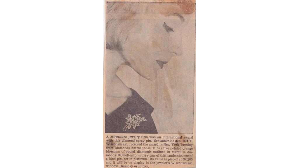 In 2024, Schwanke-Kasten Jewelers celebrated 125 years in business with recreations of the retailer’s archival pieces, including this spray pin that won a Diamonds International Award for Best Brooch Design in 1957 and was remade by Gem Platinum in 2024. Schwanke-Kasten 1957 Spray Pin News Clipping