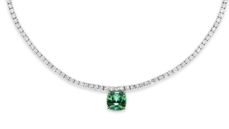 Sonya K. Taylor diamond tennis necklace with tourmaline drop