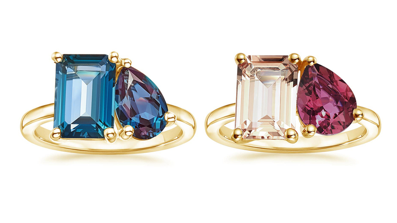 The collection also includes trendy toi et moi rings, like this blue topaz and lab-grown alexandrite ring ($1,490) and morganite and pink tourmaline ring ($1,490).