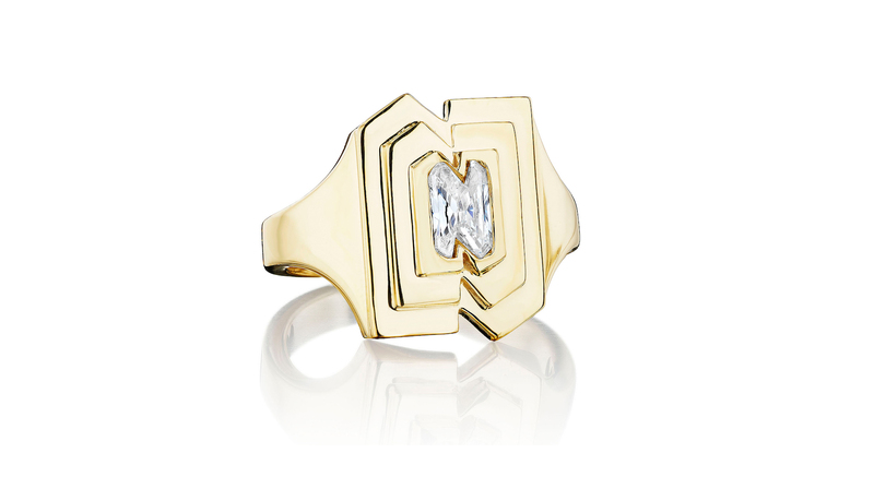 “Alphabet Diamond Signet Ring” in 18-karat yellow gold with custom-cut diamond ($3,990)